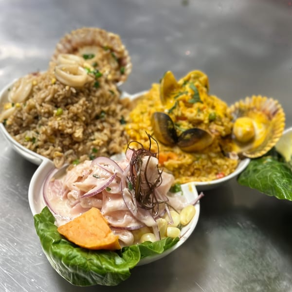 Three Peruvian seafood dishes: arroz con mariscos, arroz chaufa de mariscos, and ceviche with sweet potato.