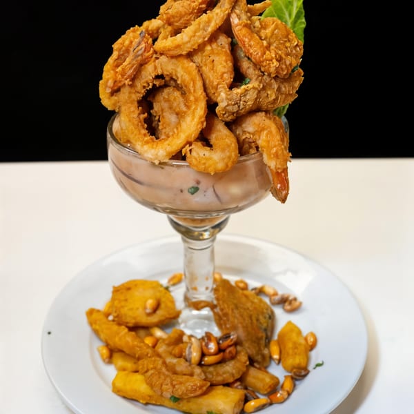 Peruvian fried seafood cocktail with shrimp and calamari, served with fried plantains and corn.