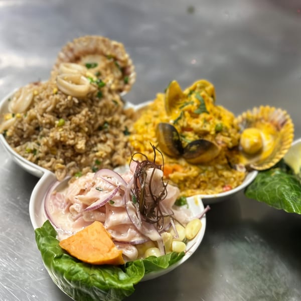Peruvian seafood dishes: ceviche, arroz con mariscos, and arroz chaufa de mariscos, served in white bowls.