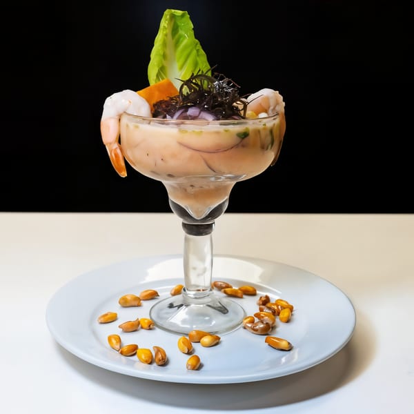 Peruvian ceviche in a glass, garnished with shrimp, lettuce, and seaweed, with corn kernels on a plate.
