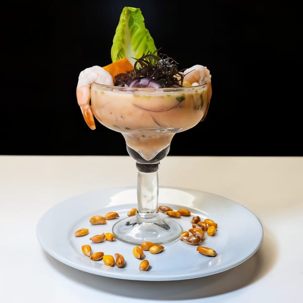 Peruvian ceviche in a margarita glass, garnished with shrimp, lettuce, sweet potato, and seaweed.
